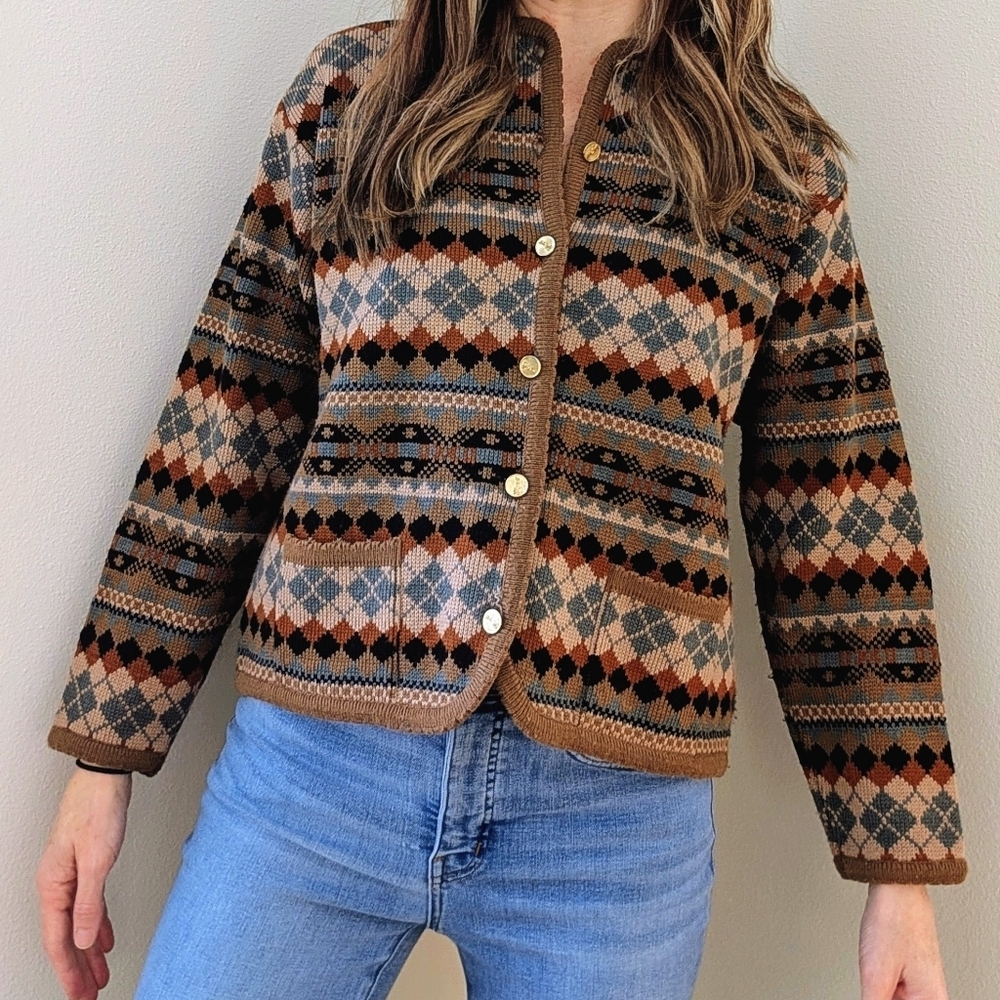 Vintage Abstract Geometric Button Down Crewneck Cardigan In Tan/Brown